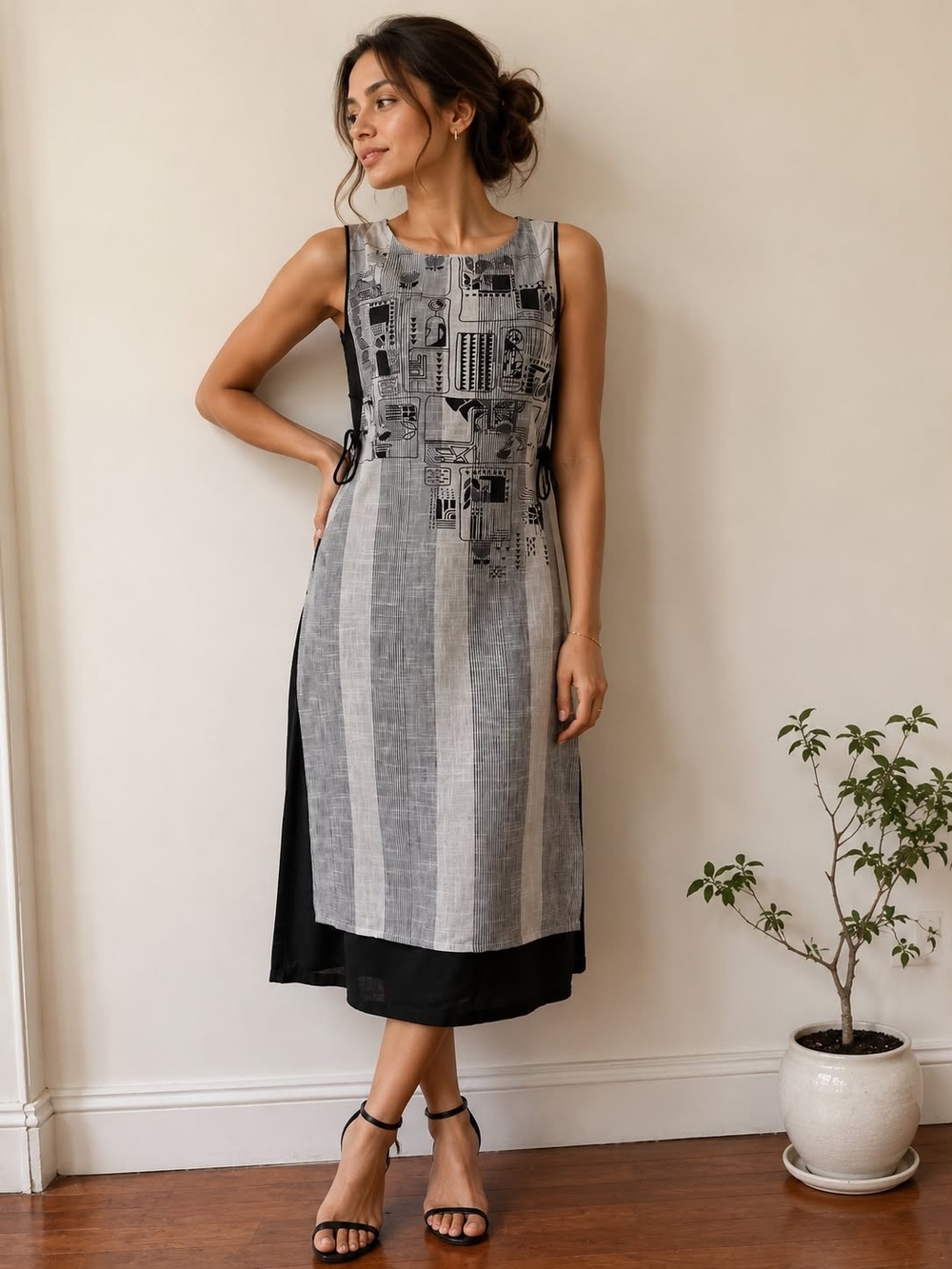 Global Desi Black & Gray Printed Layered Midi Dress